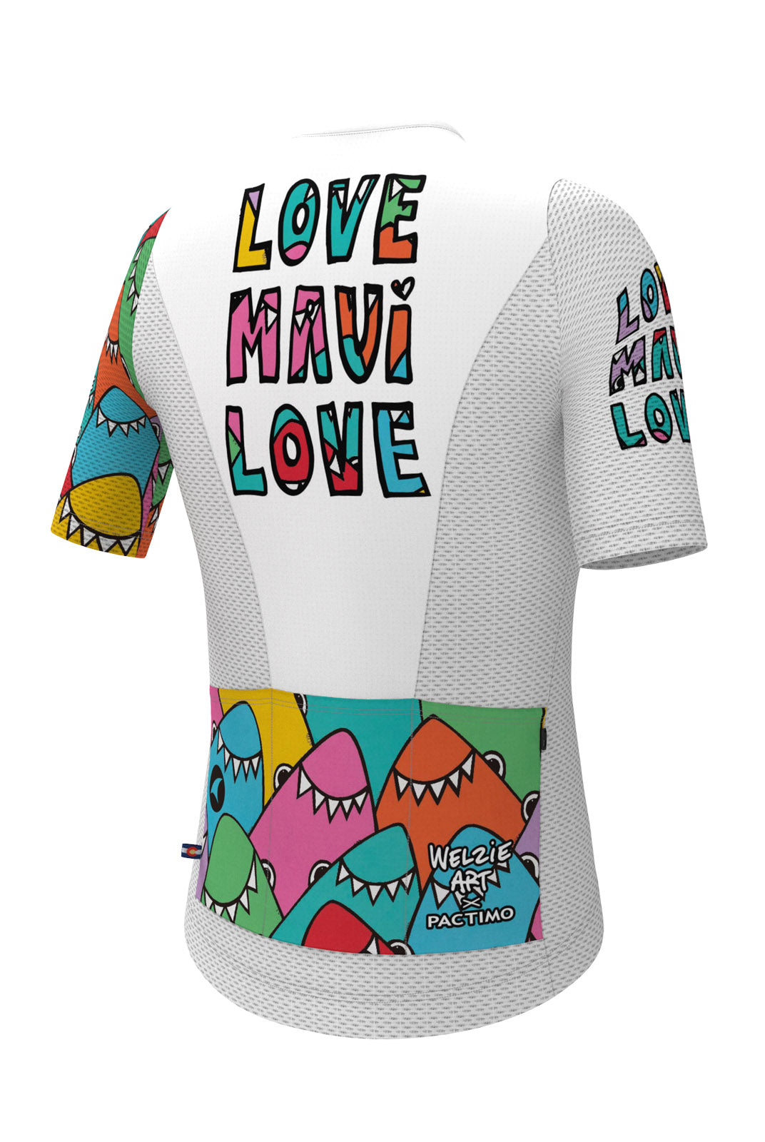 Women's Summer Cycling Jersey - White Welzie Design - Back View #color_love-maui-love-white