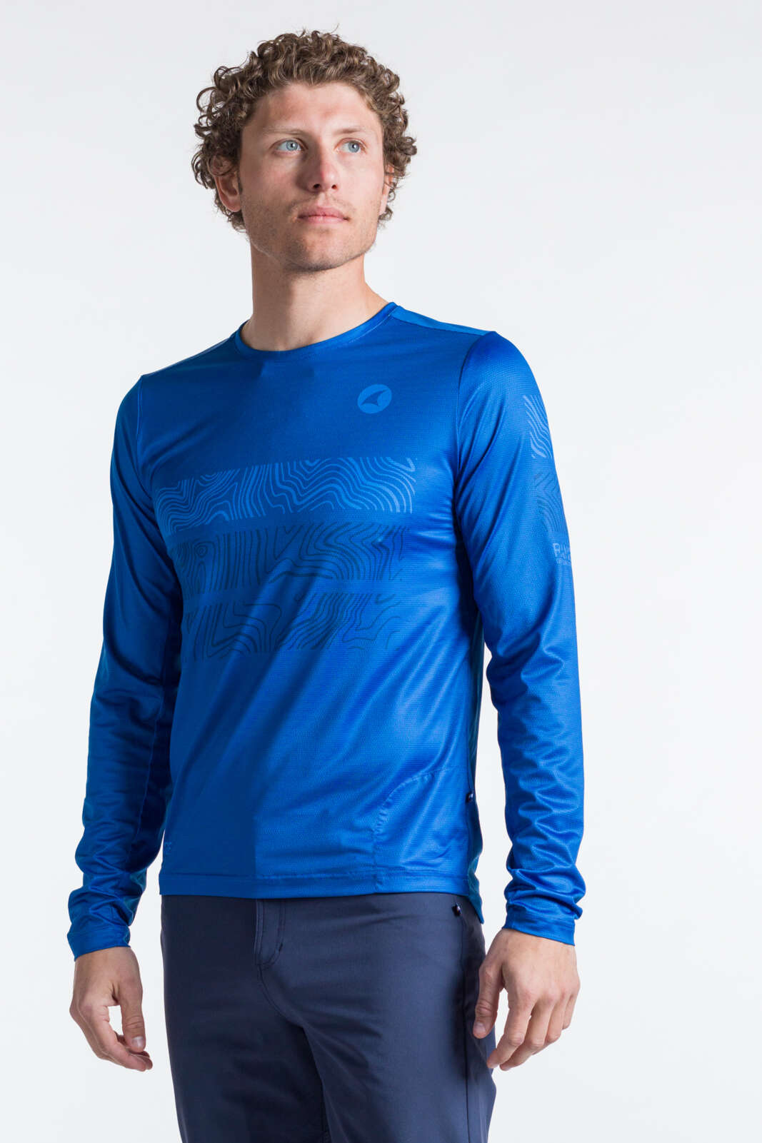 Men's Blue Long Sleeve MTB Jersey - Range Trail Front View #color_atlantic-blue