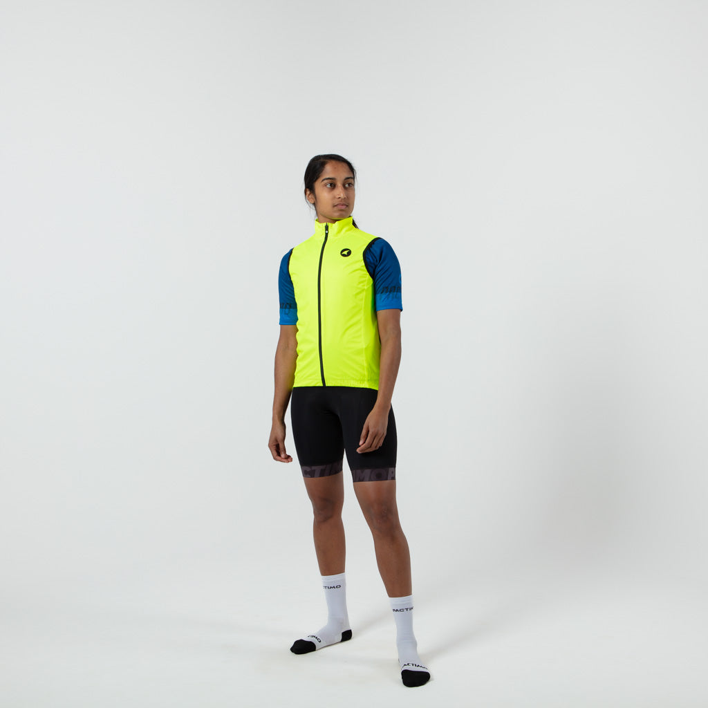 Women's Cool Weather Cycling Gilet With Pockets - On Body Front View #color_manic-yellow
