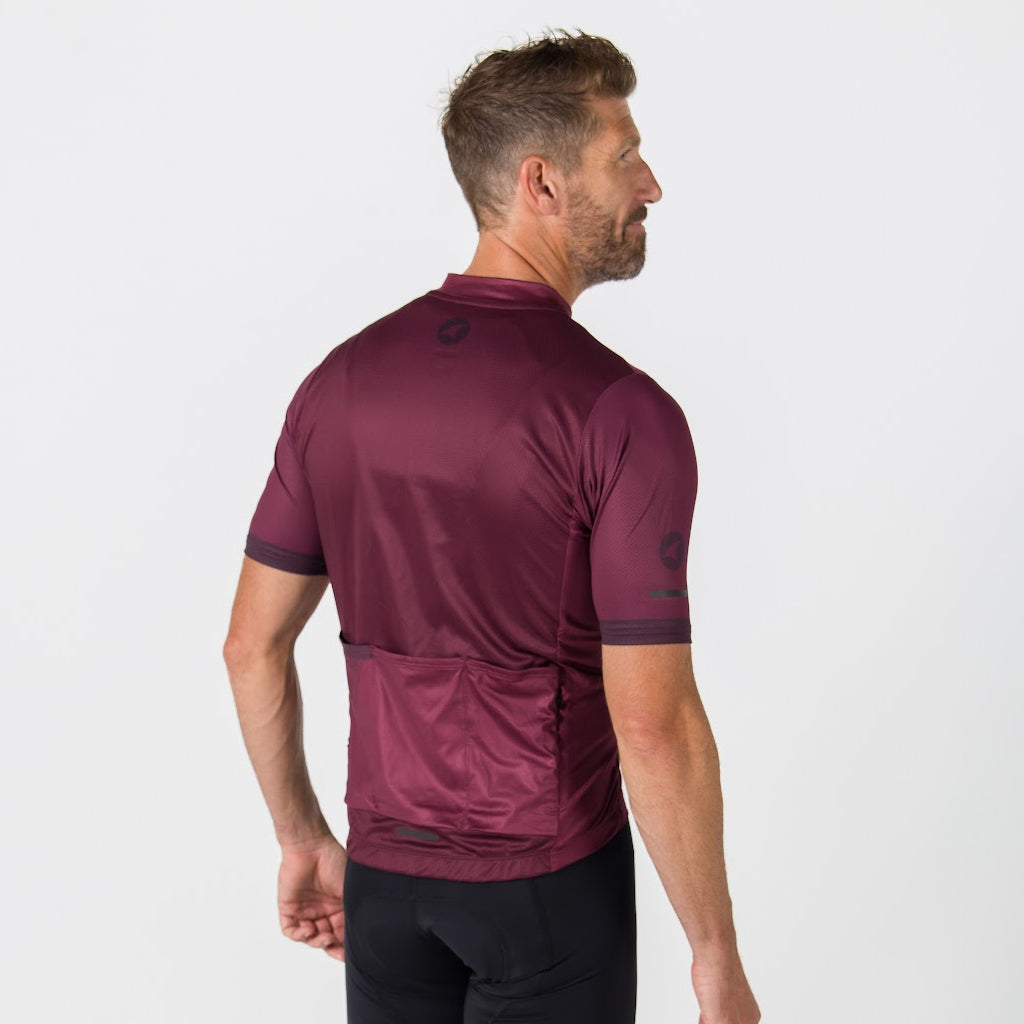 Loose Fit Cycling Jersey for Men - On Body Back View #color_mulberry