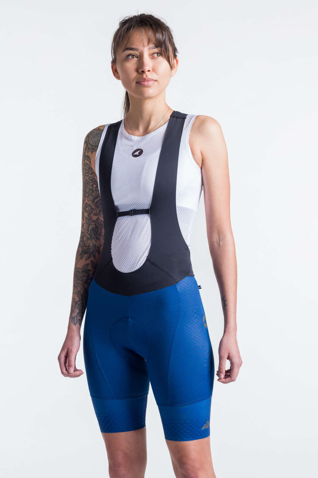Women's Compression Navy Blue Cycling Bibs - Front View #color_navy